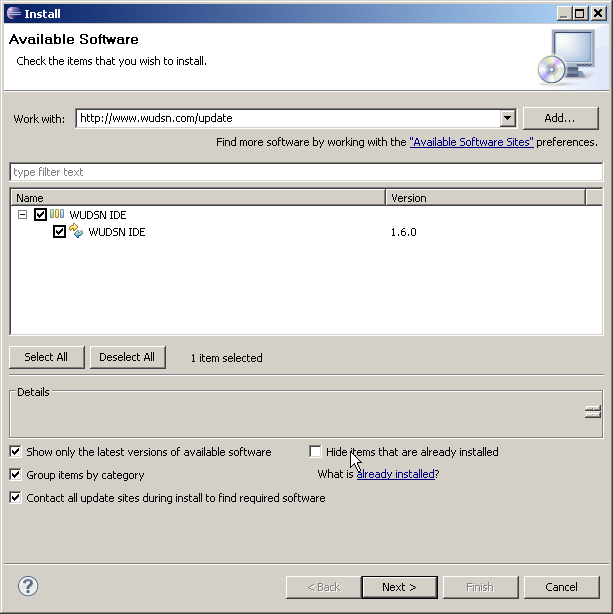 Installation dialog with update site