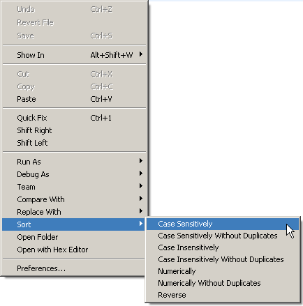 Sort action in text editor context menu